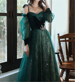 Niulatu A line Straps Long Sleeves Green Sequin Prom Dress HZ1110