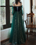 Niulatu A line Straps Long Sleeves Green Sequin Prom Dress HZ1110