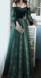 Niulatu A line Straps Long Sleeves Green Sequin Prom Dress HZ1110
