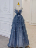 Niulatu A line Straps Tulle Dusty Blue Long Prom Dress HZ1110