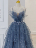 Niulatu A line Straps Tulle Dusty Blue Long Prom Dress HZ1110