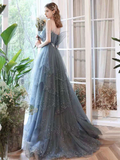 Niulatu A line Straps Tulle Dusty Blue Long Prom Dress HZ1110