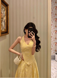 Sexy A line Halter Yellow 18th Birthday Dress Long Party Birthday Outfits For Women HZ1214