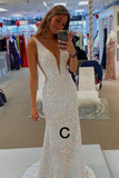 Niulatu Spaghetti Straps Mermaid White Sequin Prom Evening Dress HZ1007