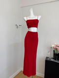 Cute Mermaid Spaghetti Straps 2 Pieces Red Long Summer Dress For Women HZ1214