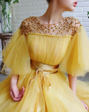 Niulatu yellow prom dress long prom dresses wit tulle evening gown HZ0113
