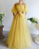 Niulatu yellow prom dress long prom dresses wit tulle evening gown HZ0113