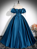 Niulatu A-Line Puff Sleeves Satin Peacock Blue Long Prom Dresss HZ1110