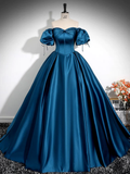 Niulatu A-Line Puff Sleeves Satin Peacock Blue Long Prom Dresss HZ1110