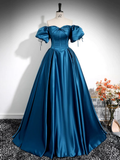 Niulatu A-Line Puff Sleeves Satin Peacock Blue Long Prom Dresss HZ1110