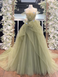 Niulatu A-Line Tulle Sage Green Long Prom Dress HZ1110