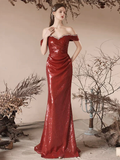 Niulatu Off Shoulder Sequin Mermaid Burgundy Long Prom Dress HZ1110