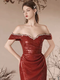 Niulatu Off Shoulder Sequin Mermaid Burgundy Long Prom Dress HZ1110