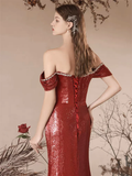 Niulatu Off Shoulder Sequin Mermaid Burgundy Long Prom Dress HZ1110