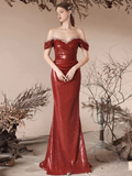 Niulatu Off Shoulder Sequin Mermaid Burgundy Long Prom Dress HZ1110