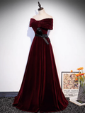 Niulatu Off Shoulder Velvet Burgundy Long Prom Dress HZ1110