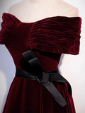 Niulatu Off Shoulder Velvet Burgundy Long Prom Dress HZ1110