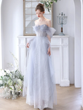 Niulatu A-Line Off Shoulder Tulle Sequin Gray Long Prom Dress HZ1110