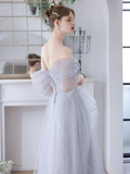 Niulatu A-Line Off Shoulder Tulle Sequin Gray Long Prom Dress HZ1110
