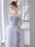 Niulatu A-Line Off Shoulder Tulle Sequin Gray Long Prom Dress HZ1110