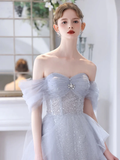 Niulatu A-Line Off Shoulder Tulle Sequin Gray Long Prom Dress HZ1110