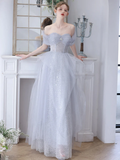 Niulatu A-Line Off Shoulder Tulle Sequin Gray Long Prom Dress HZ1110