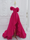 Niulatu A-Line Off Shoulder Satin Rose Red Long Prom Dress HZ1110