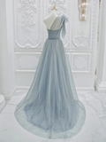 Niulatu One Shoulder Tulle Sequin Gray Blue Long Prom Dress HZ1110