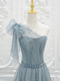 Niulatu One Shoulder Tulle Sequin Gray Blue Long Prom Dress HZ1110