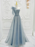 Niulatu One Shoulder Tulle Sequin Gray Blue Long Prom Dress HZ1110