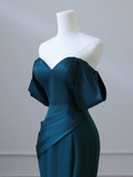 Niulatu Off Shoulder Satin Ink Blue Long Prom Dress HZ1110