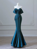 Niulatu Off Shoulder Satin Ink Blue Long Prom Dress HZ1110