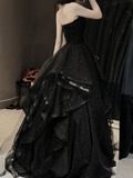 Niulatu Sweetheart Neck Tulle Black Long Prom Dress HZ1110