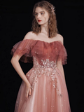 Niulatu Off Shoulder Tulle Lace Burgundy Long Prom Dress HZ1110