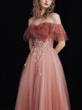 Niulatu Off Shoulder Tulle Lace Burgundy Long Prom Dress HZ1110