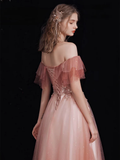 Niulatu Off Shoulder Tulle Lace Burgundy Long Prom Dress HZ1110