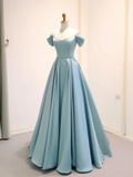 Niulatu Off Shoulder Satin Blue Long Prom Dress HZ1110
