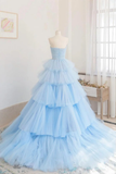 Niulatu Blue Layers Tulle Long Prom Dresses HZ1110