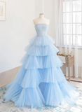 Niulatu Blue Layers Tulle Long Prom Dresses HZ1110