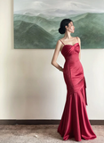 Niulatu Red Satin Straps Long Evening Dress Prom Dress HZ1110