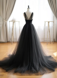 Niulatu A line Black V Neck Tulle Long Prom Dresses HZ1110