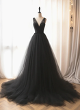 Niulatu A line Black V Neck Tulle Long Prom Dresses HZ1110