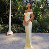 Niulatu Mermaid Off The Shoulder Yellow Satin Long Evening Dress Prom Dresses SD2063
