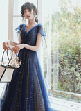 Niulatu Blue V-neckline Tulle Long Party Dress Prom Dress HZ1110