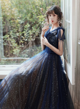 Niulatu Blue V-neckline Tulle Long Party Dress Prom Dress HZ1110