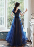 Niulatu Blue V-neckline Tulle Long Party Dress Prom Dress HZ1110