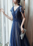 Niulatu Blue V-neckline Tulle Long Party Dress Prom Dress HZ1110