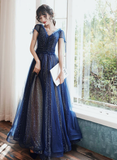 Niulatu Blue V-neckline Tulle Long Party Dress Prom Dress HZ1110