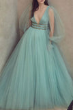 Niulatu Tulle Puffy Sleeve Long V Neck Sequins Prom Dress, Formal Dress HZ0113
