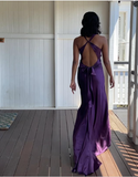 Niulatu A-Line V Neckline Grape Satin Long Prom Dresses Formal Evening Dress SD1389